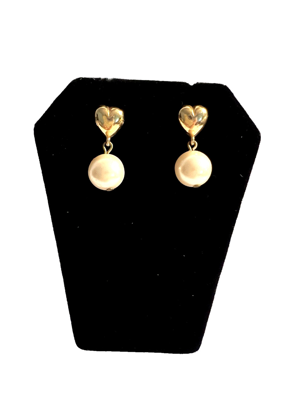 Faux Pearl Heart Earrings Gold Plated Dangle Drop Pierced